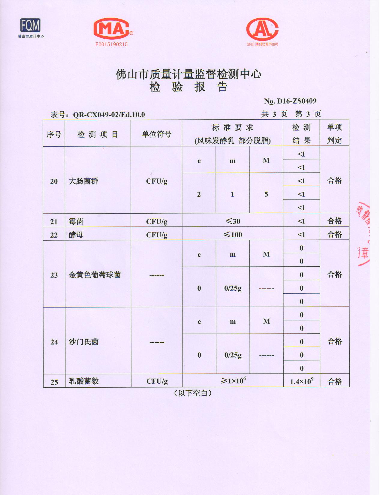 2016年7月18日发酵乳检验报告